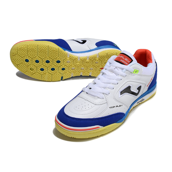 Chuteira Futsal Joma Top Flex Rebound IC Branca, Azul e Amarela