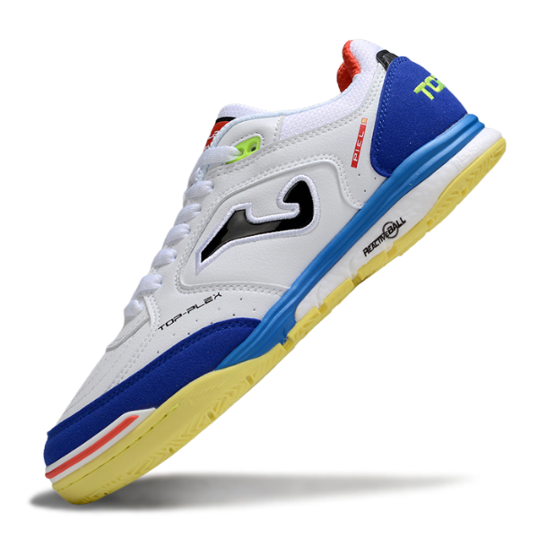 Chuteira Futsal Joma Top Flex Rebound IC Branca, Azul e Amarela