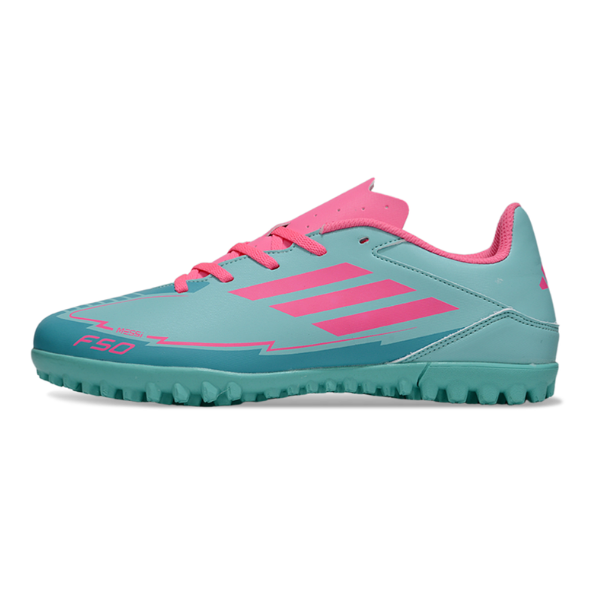 Chuteira Society Adidas F50 Club TF Messi Azul Claro e Rosa