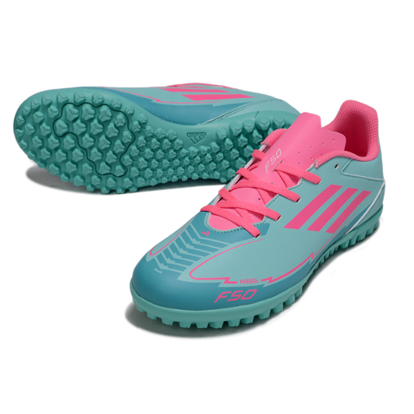 Chuteira Society Adidas F50 Club TF Messi Azul Claro e Rosa