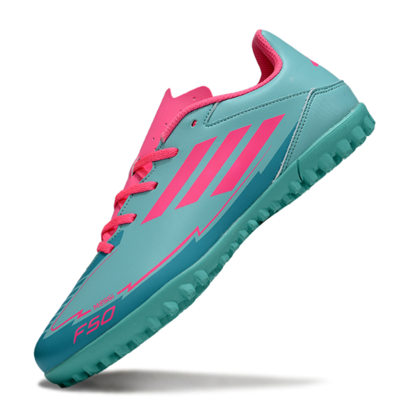 Chuteira Society Adidas F50 Club TF Messi Azul Claro e Rosa